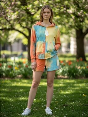 Tie-Dye Zip Hoodie with matching shorts in Coral, Yellow & Sky